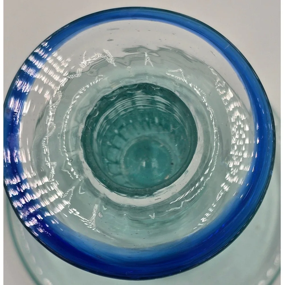 Vintage Rare Vetreria Etrusca Green Glass Chamberstick Taper Holder Blue Rim‎